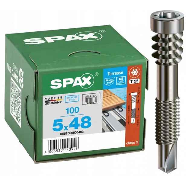 Terasové Vruty A2 100 Kusů Tx 5.0*48MM T25 Pro Hliník Spax