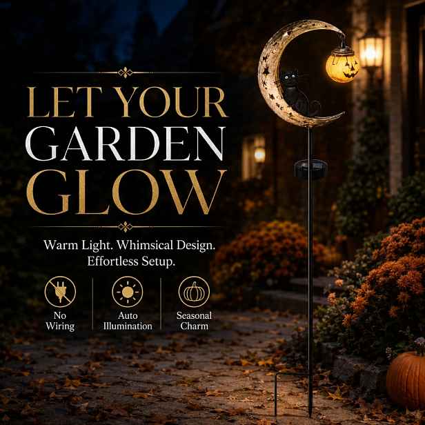 TEMU Solární halloweenský zahradní světelný kolík, půlměsíc černá kočka se závěsnou dýňovou lampou, solární automatické zapnutí při soumraku,