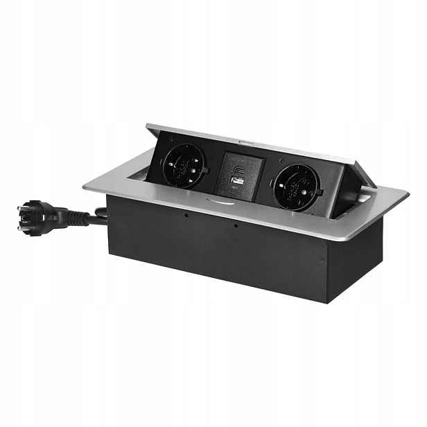 Zásuvka zapuštěná do pracovní desky, 1,5 m, 2x2P+Z (Schuko), 2xUSB stříbrná