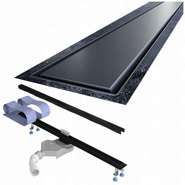 Lineární odtok 70 cm černý nízký sifon Viega kompletní sada Waterway Slim
