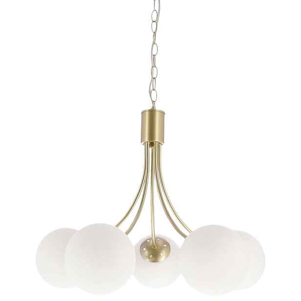 Mosazná závěsná lampa Dani 5x40W E14, bílé stínidlo, elegantní stropní svítidlo do obývacího pokoje, klasický i moderní styl, pět světelných bodů