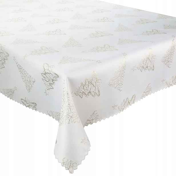 Oboustranný ubrus odolný proti skvrnám, vánoční, bílý, zlatý, vánoční stromek 130 x 320 cm