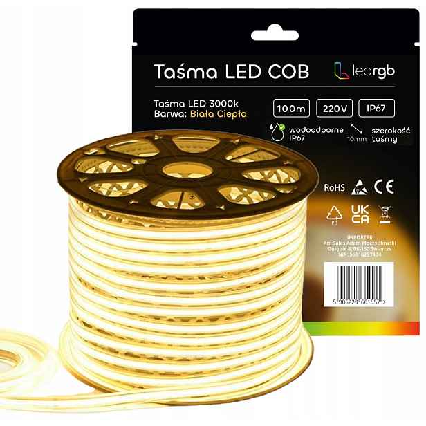 Led páska Neon Cob 220V 230V 100 m 3000K Bílá Teplá Voděodolná IP67 10 mm