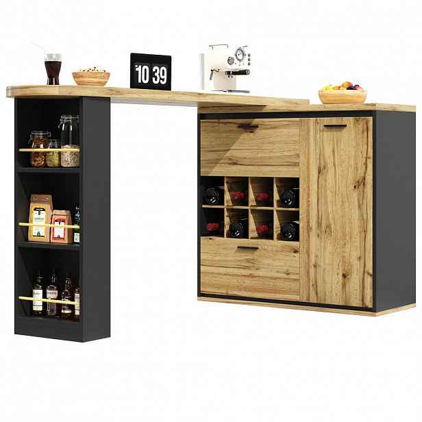 Modfu ROZKLÁDACÍ jídelní stůl z MDF a kovu 138x39x105 cm v dekoru dřeva se zásuvkami, vinotékou a policemi