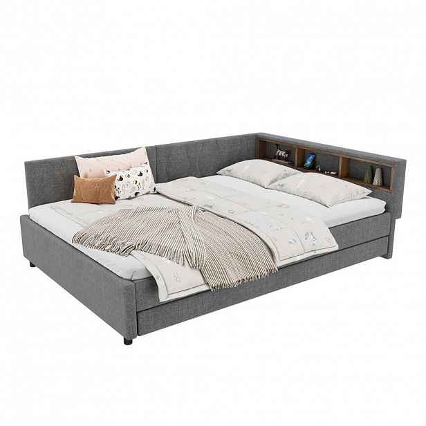 Redom POSTEL 140/200 cm s výsuvným lůžkem, LED osvětlením, USB a úložnými přihrádkami, Šedá