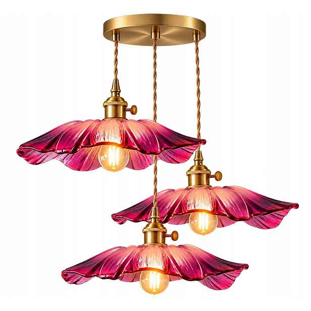 Závěsná lampa 3 Květiny Růžové Skleněné Stínidla Zlatá Podhledová Styl Glamour