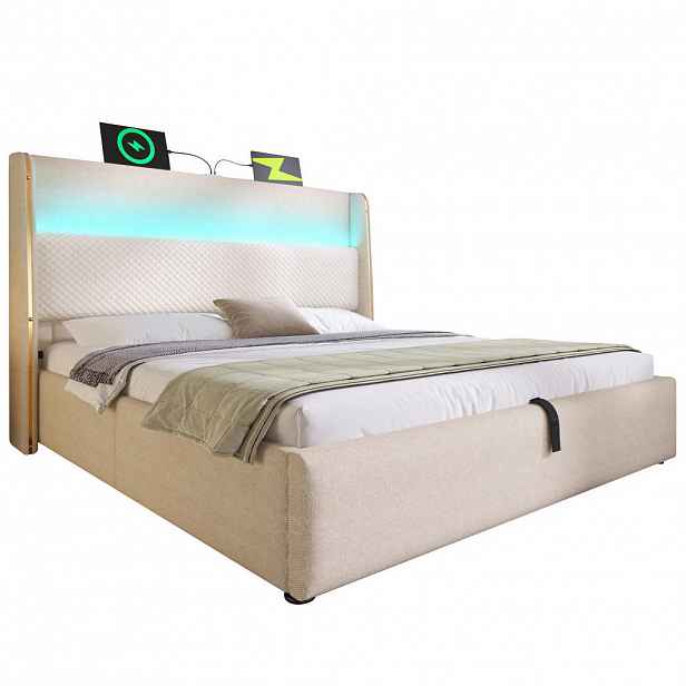 Redom ČALOUNĚNÁ postel 160/200 cm s LED osvětlením, USB a USB-C, hydraulickým úložným prostorem a lněným vzhledem, Béžová