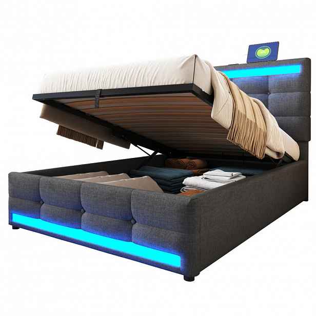 Redom ČALOUNĚNÁ postel 90/200 cm s RGB LED osvětlením, USB porty a nastavitelným čelem, Šedá