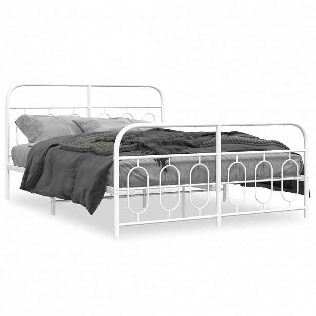 vidaXL Kovový rám postele s hlavovým a nožním čelem bílý 135 x 190 cm