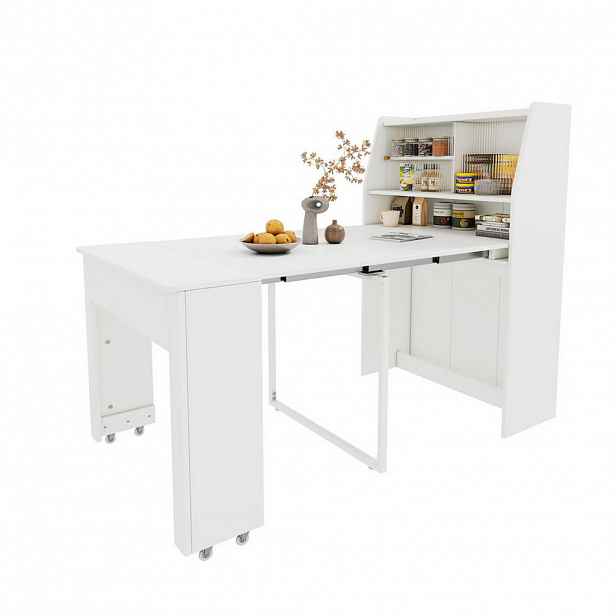 Modfu ROZKLÁDACÍ jídelní stůl z dřevotřísky 80x52x76 cm bílý s úložným prostorem a skleněnou vitrínou