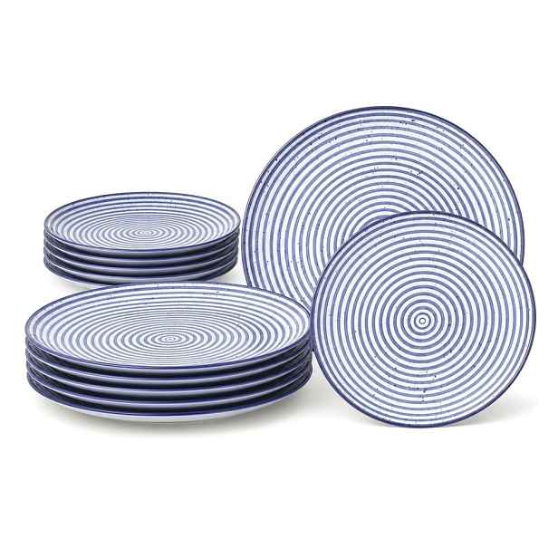 Obědové a dezertní talíře pro 6 osob, porcelánové, modré s proužky