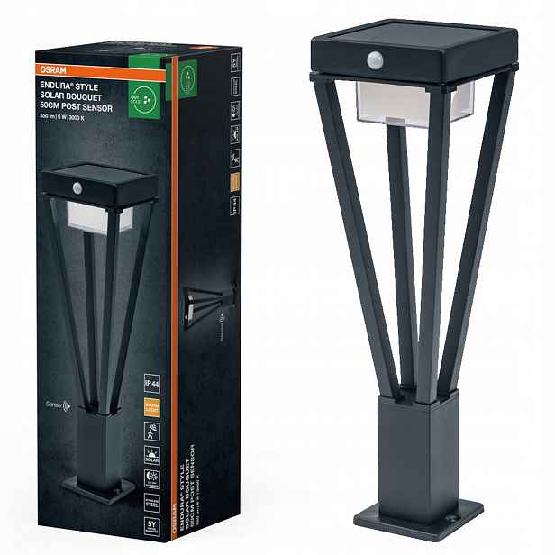Solární Zahradní Lampa Sloupek Led Snímač pohybu soumraku 6W 3000K IP44