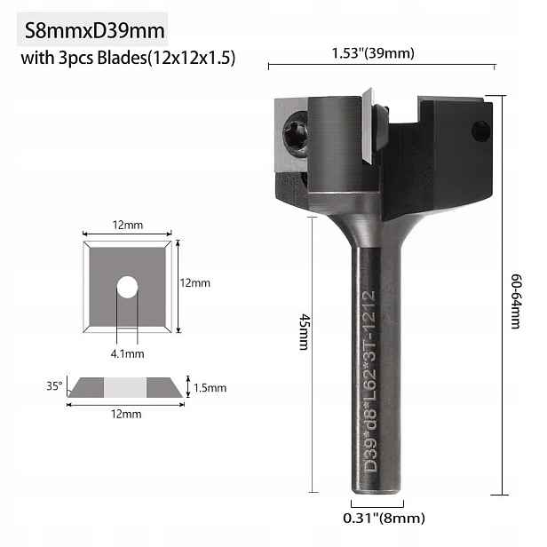 Zarovnávací fréza dřeva s vyměnitelnými destičkami průměr 39 mm x 8 mm 3 zuby