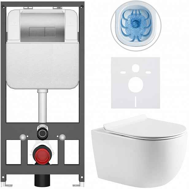 Kompletní WC set Basic/Felci - bílá lesklá - WC tlačítko Modulo/Stříbrná - závěsné - předstěnová instalace - 53x37 cm