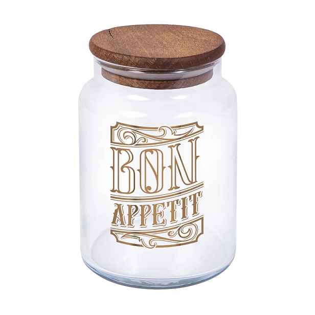 PROHOME - Dóza 890ml sklo s dřevěným víkem Bon Appetit