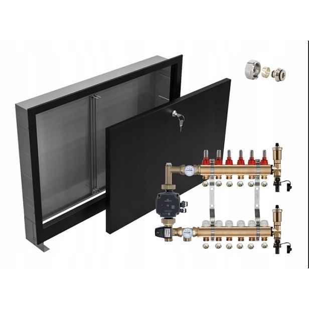 Rozdělovač pro podlahu 6+ Pumpa Grundfos +pex Podomítková Skříňka Černá