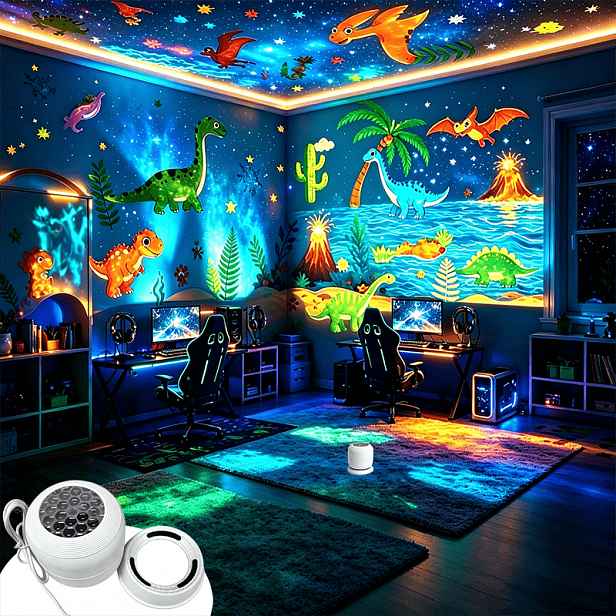 TEMU 360° Otočné dynamické projekční noční světlo s dinosaurem, projekční lampa s jurajskými dinosaury, prvky dinosauřího lesa, fantasy LED ambientní