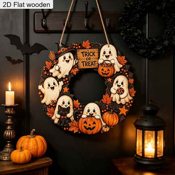 TEMU 2D plochá dřevěná dekorace ve tvaru věnce s roztomilými duchy, černými kočkami, dýňemi a javorovými , s nápisem "Trick Or Treat", včetně