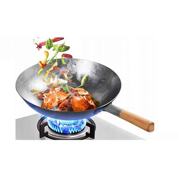 Kovaná Ocelová Pánev Wok Čínská Dřevěná Rukojeť 16" XL 40 cm Okrouhlé Dno