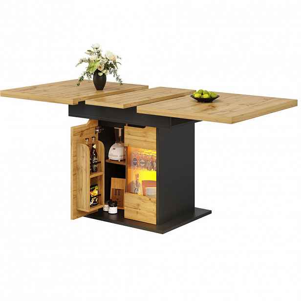 Modfu JÍDELNÍ stůl 140x80x76 cm černý/přírodní z MDF a skla s LED osvětlením a úložným prostorem