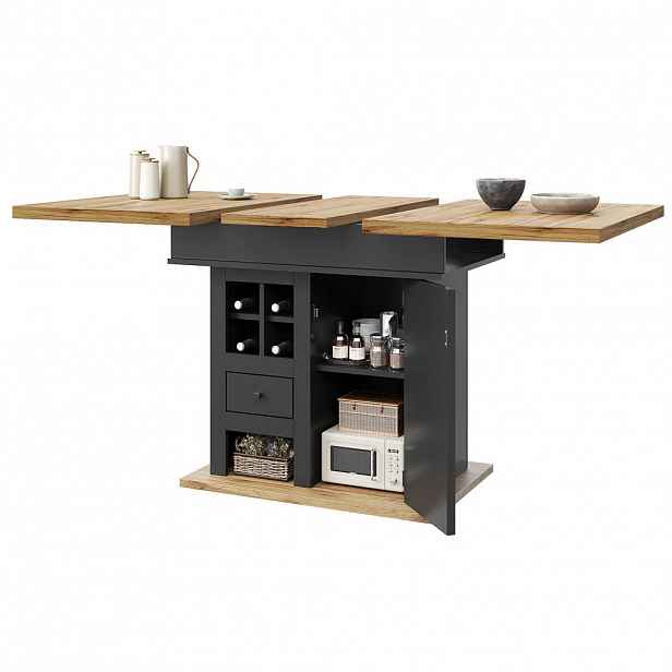 Modfu JÍDELNÍ stůl z MDF 110-140x80x75 cm černá/přírodní rozkládací s úložným prostorem a nastavitelnými policemi