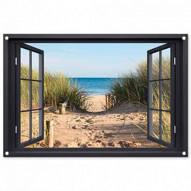 OnlyWow ZAHRADNÍ PLAKÁT Průhled - Pláž - Moře - Písek - Voda - Plážová tráva - Duny 90x60 cm