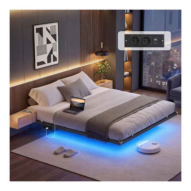 Songmics kovová manželská postel 180x200 černá levitující Led porty Usb Ac