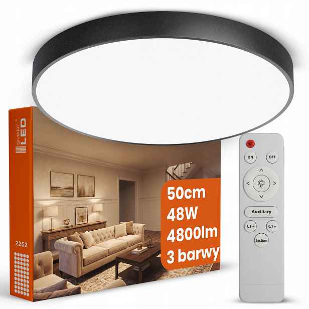 Stropní Svítidlo 48W 4800lm 3 barvy Cct 50CM Kulatý Černý IP20 Dálkový Ovladač