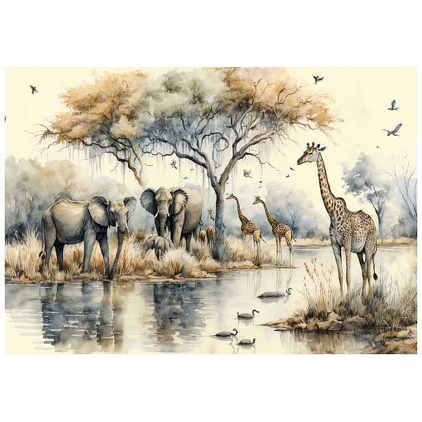 Vliesová fototapeta Akvarel Afrika sloni žirafy savana 208x146 lepidlo
