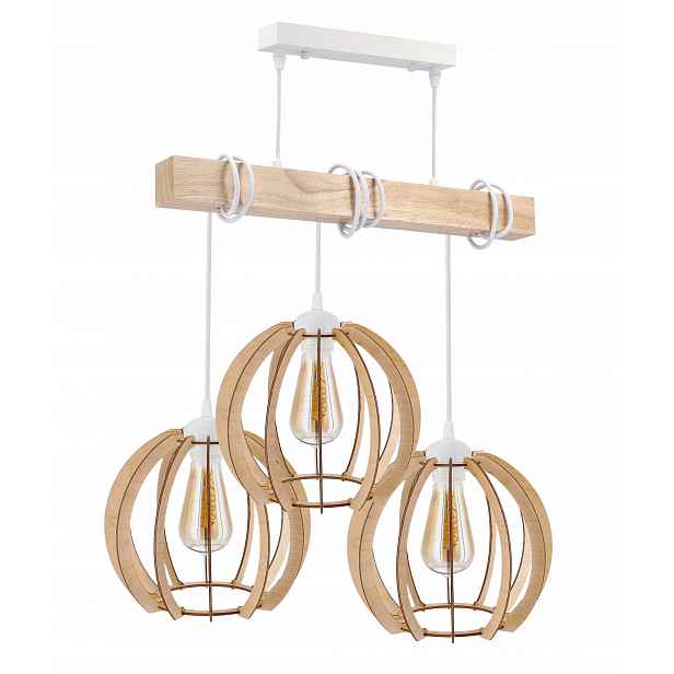 Závěsné Stropní Svítidlo Led dřevěná bílá 3x E27 Lustr Loft Vzácná koule