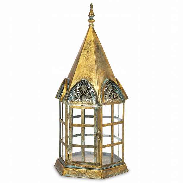 Lampion zlatý kovový lucerna zlaté sklo, retro dekorace, přetíratelná