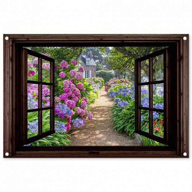 OnlyWow ZAHRADNÍ PLAKÁT Hortenzie - Průhledné - Květiny - Fialové - Příroda - Tmavě hnědé okno 90x60 cm