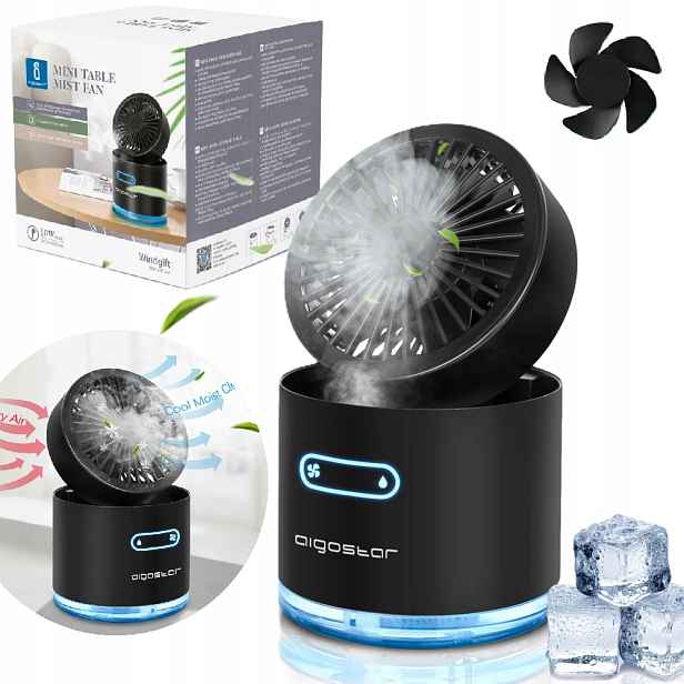 Přenosný ventilátor Aigostar 10W s mlhou, 3 režimy, černý Akumulátor, Usb