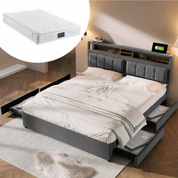 Redom ČALOUNĚNÁ postel 140/200 cm s nastavitelným čelem, USB-C a úložným prostorem, Světle béžová / šedá