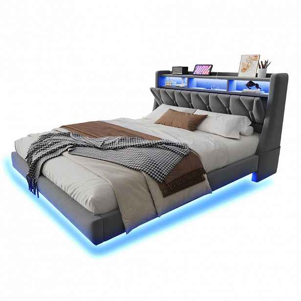 Redom ČALOUNĚNÁ postel 180/200 cm s LED osvětlením, USB, USB-C a úložným čelem, Šedá