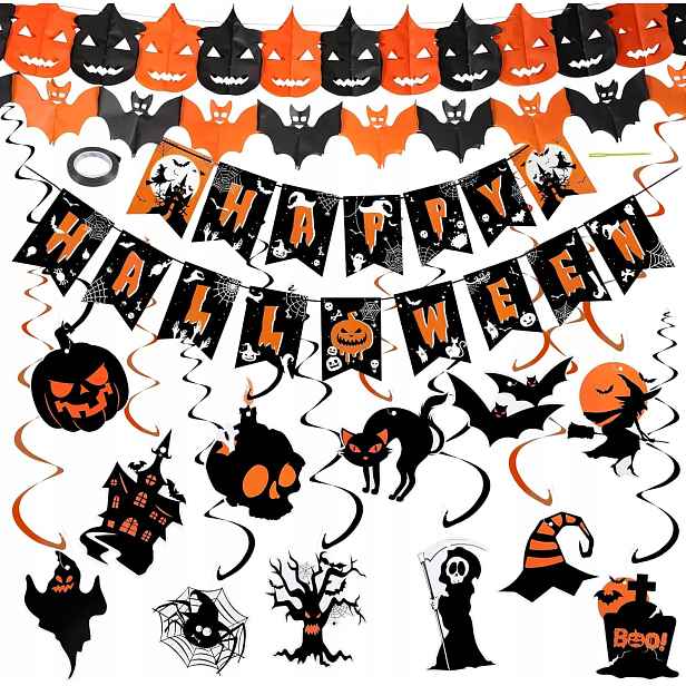 Dekorace na Halloween, sada girland s visícími spirálami na Halloween