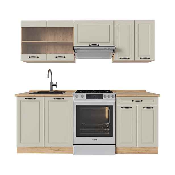 Vicco KUCHYŇSKÝ KOUT R-Line, Písečná venkovský dům/Zlatý mocný dub, 200 cm pracovná doska Dub Goldkraft