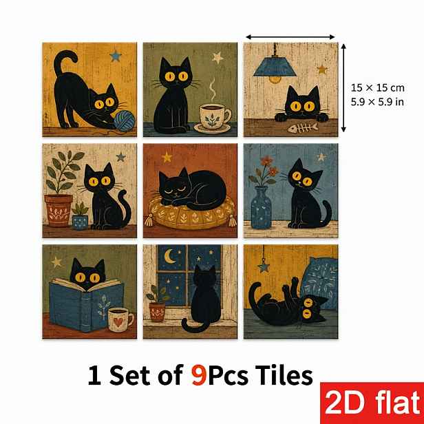 TEMU 2D Ploché 9ks 15x15cm (5,9x5,9in) Dekorativní Samolepicí Břidlicové Obkladačky - Odlepte a Nalepte Nástěnné Obklady s Vintage Kočičím pro