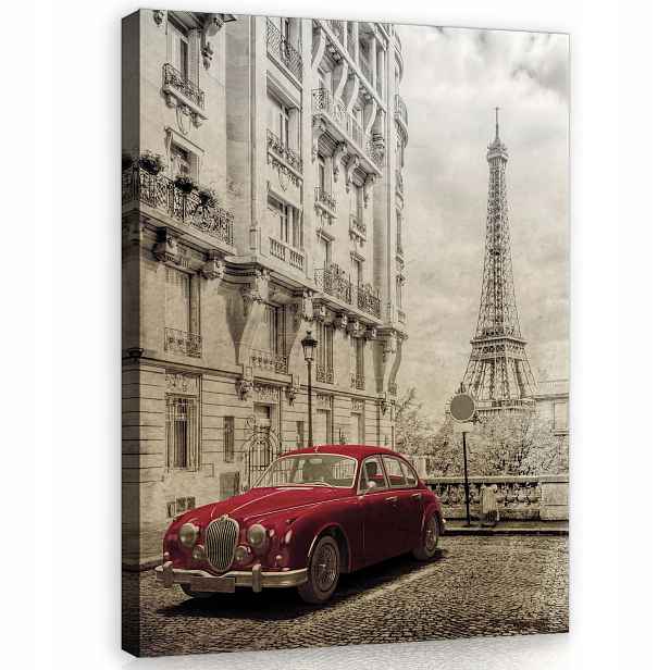 Obraz 60x80 Paříž Eiffelova věž červené auto vintage retro město dlažba