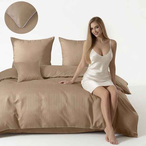 Povlečení 160x200 Damašek s pruhy 1 cm s lemováním béžové silné luxusní