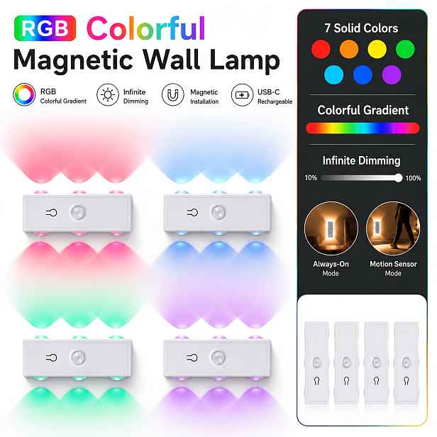 TEMU RGB Dynamické LED Senzorové Světlo, Dobíjecí Bezdrátové Noční Světlo s Detekcí Pohybu, Barevná Nástěnná Lampa pro Ložnici, Šatnu, Schodiště &