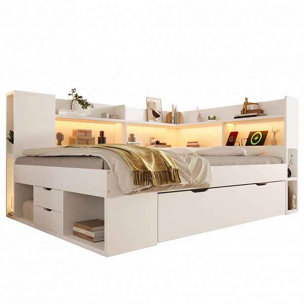 Modfu DĚTSKÁ postel z MDF, dřevotřísky a překližky 90x200 cm bílá s LED osvětlením, USB a Type-C nabíjením, úložným prostorem
