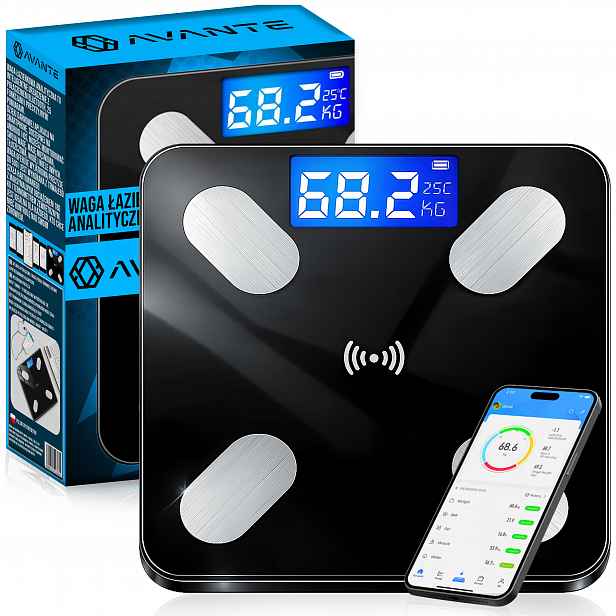TEMU INTELLIGENTNÍ ANALYTICKÁ VÁHA DO KUPELNY 180 kg SMART BT. Přesné měření tělesné hmotnosti a složení 25W1. LCD displej s teploměrem. Tenký design