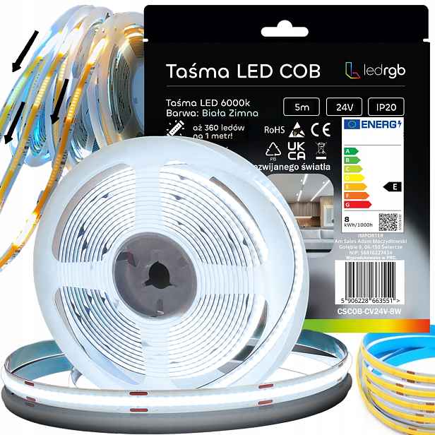 Led Páska Cob 5m 24V 360diod Bílá Studená 6000K Digitální Pixel Tekutá WS2811