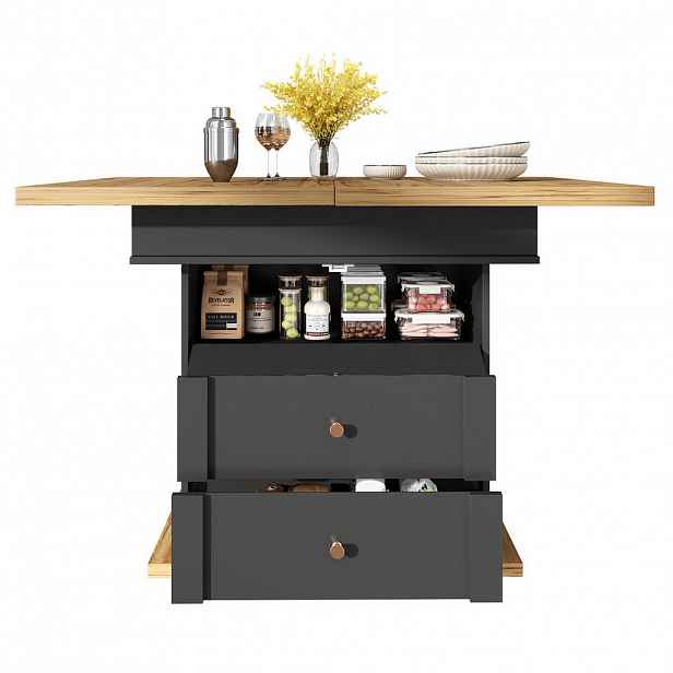Modfu JÍDELNÍ stůl z MDF 110–140x80x75 cm černá/přírodní rozkládací se skrytým úložným prostorem a soft-close dvířky