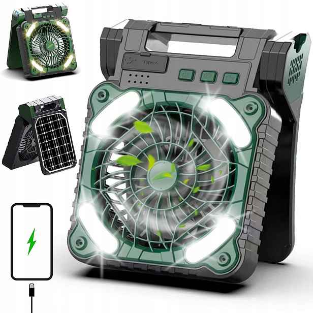 Solární Kempingový Ventilátor S Led Diodami, 4 Rychlosti Pro Cestování