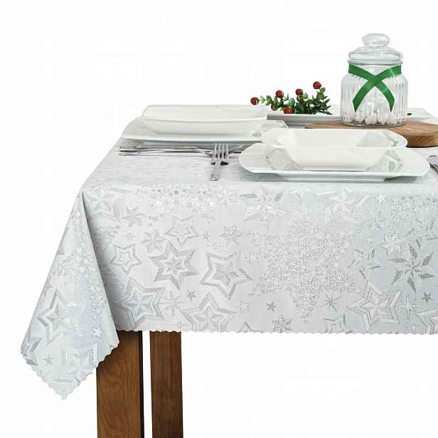 Bílo-stříbrný vánoční ubrus s motivem hvězd – U3 Lesk Vánoc 160 x 250 cm