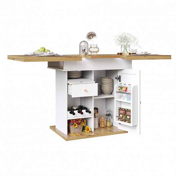 Modfu ROZKLÁDACÍ jídelní stůl z MDF 110-140x80x75 cm přírodní/bílá s úložným prostorem, zásuvkou a regálem na víno