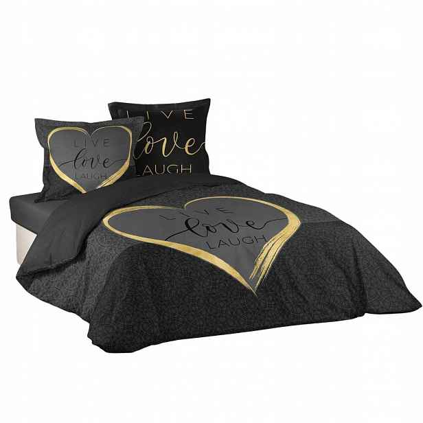 Povlečení Bavlněné Černé Se Srdcem Pro 2 Osoby Crazy Love 200 X 200 CM