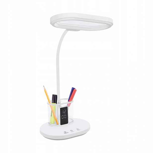 Led stolní lampa s regulací světla hodinami a zrcátkem, bílá, 12W Ideu